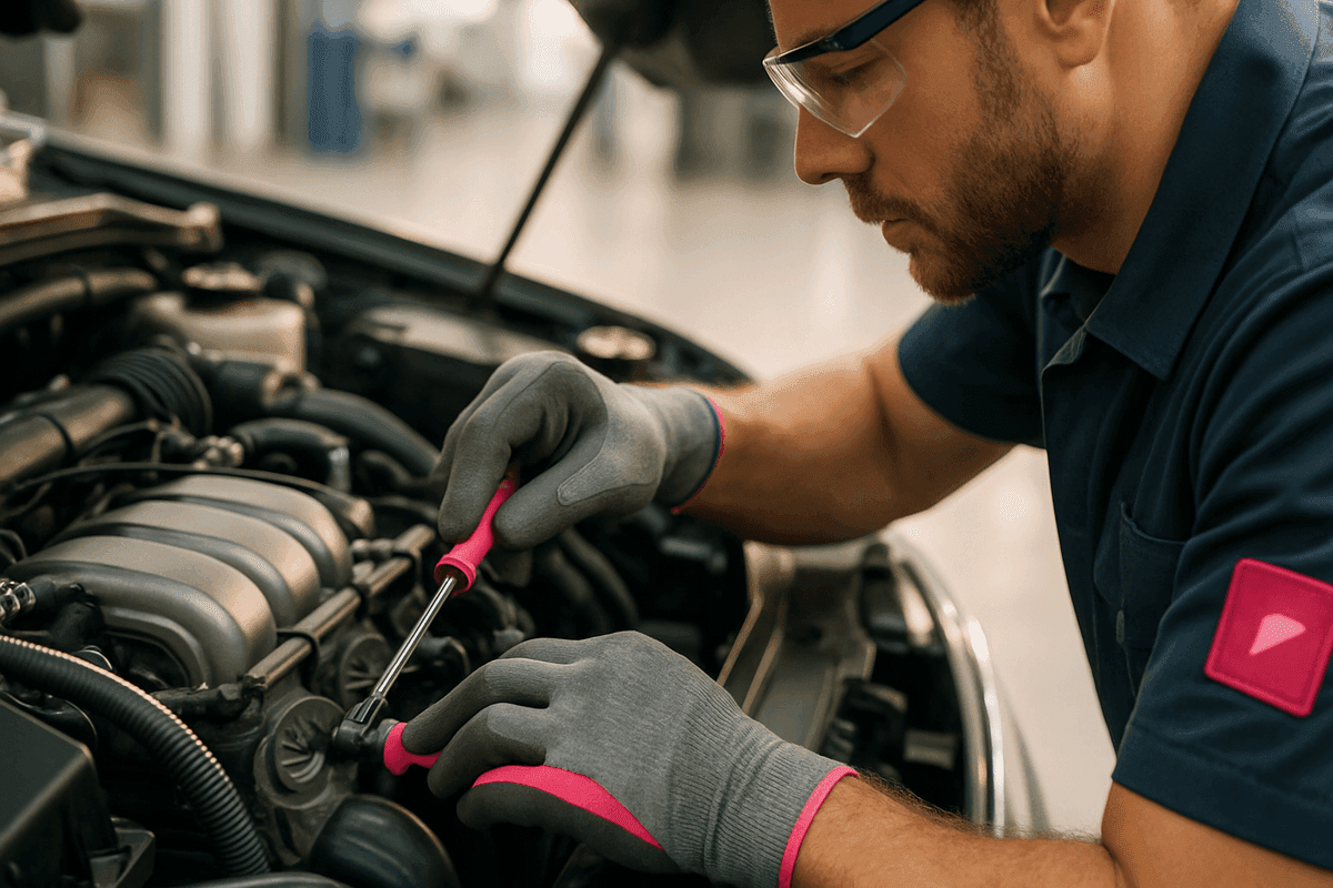 Close-up of mechanic's gloved hands inspecting car engine parts in well-lit auto repair shop
